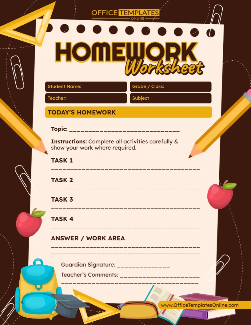 Homework Worksheet Template – Customize Online for Students