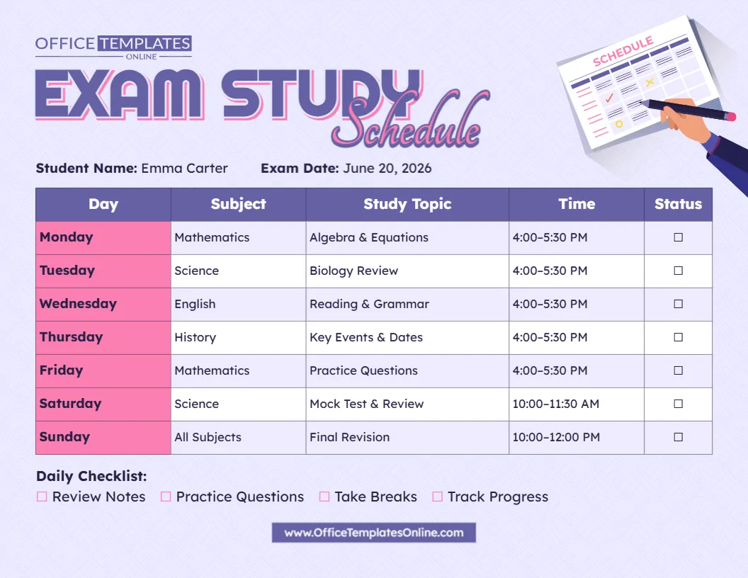 Free Exam Study Schedule Template – Customize Online & Download