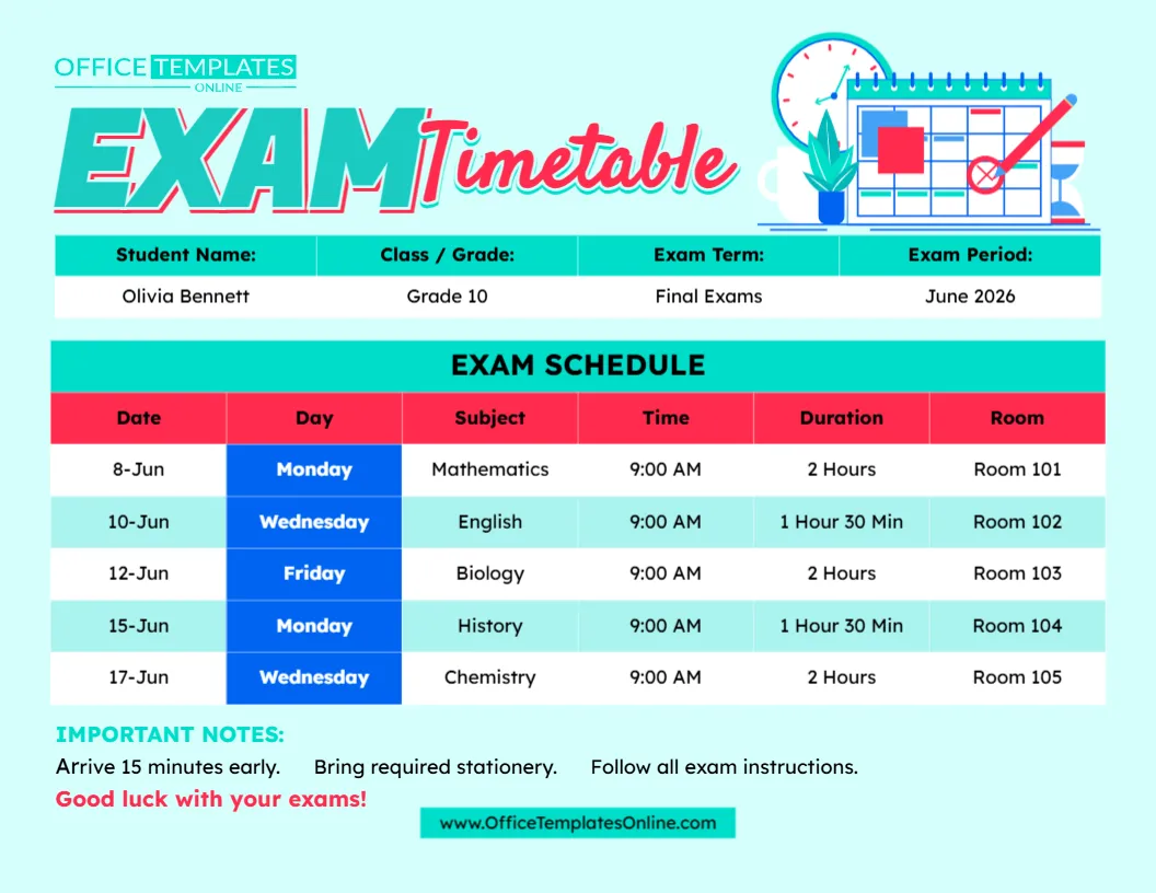 Free Exam Timetable Template – Edit Online & Download