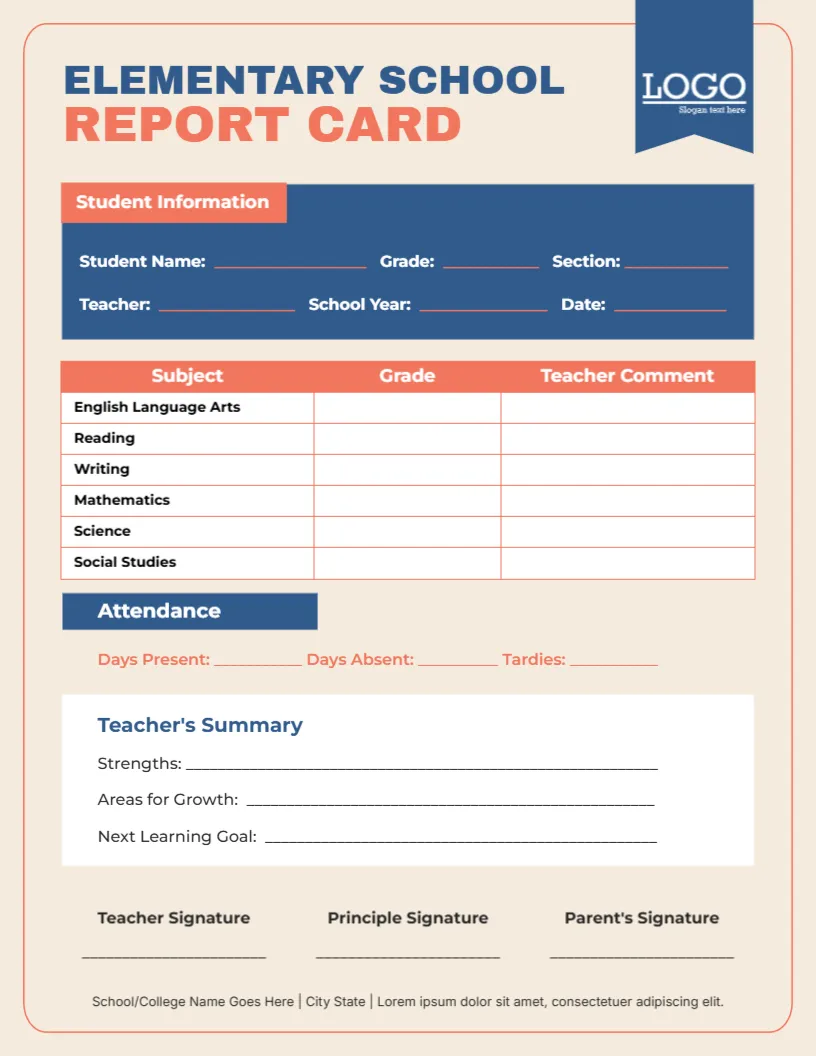 Elementary School Report Card Template