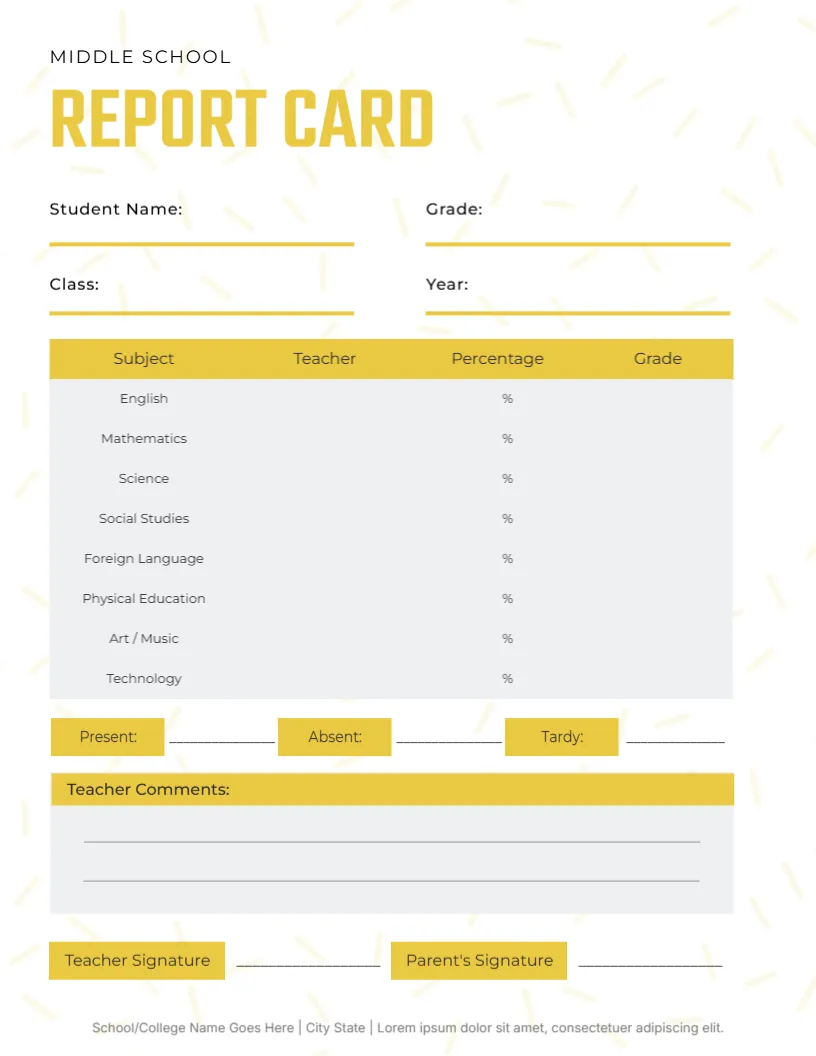 Middle School Report Card Template