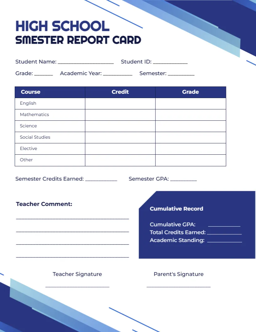 High School Semester Report Card Template