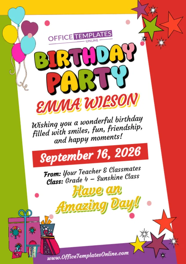 Classroom Birthday Card Template