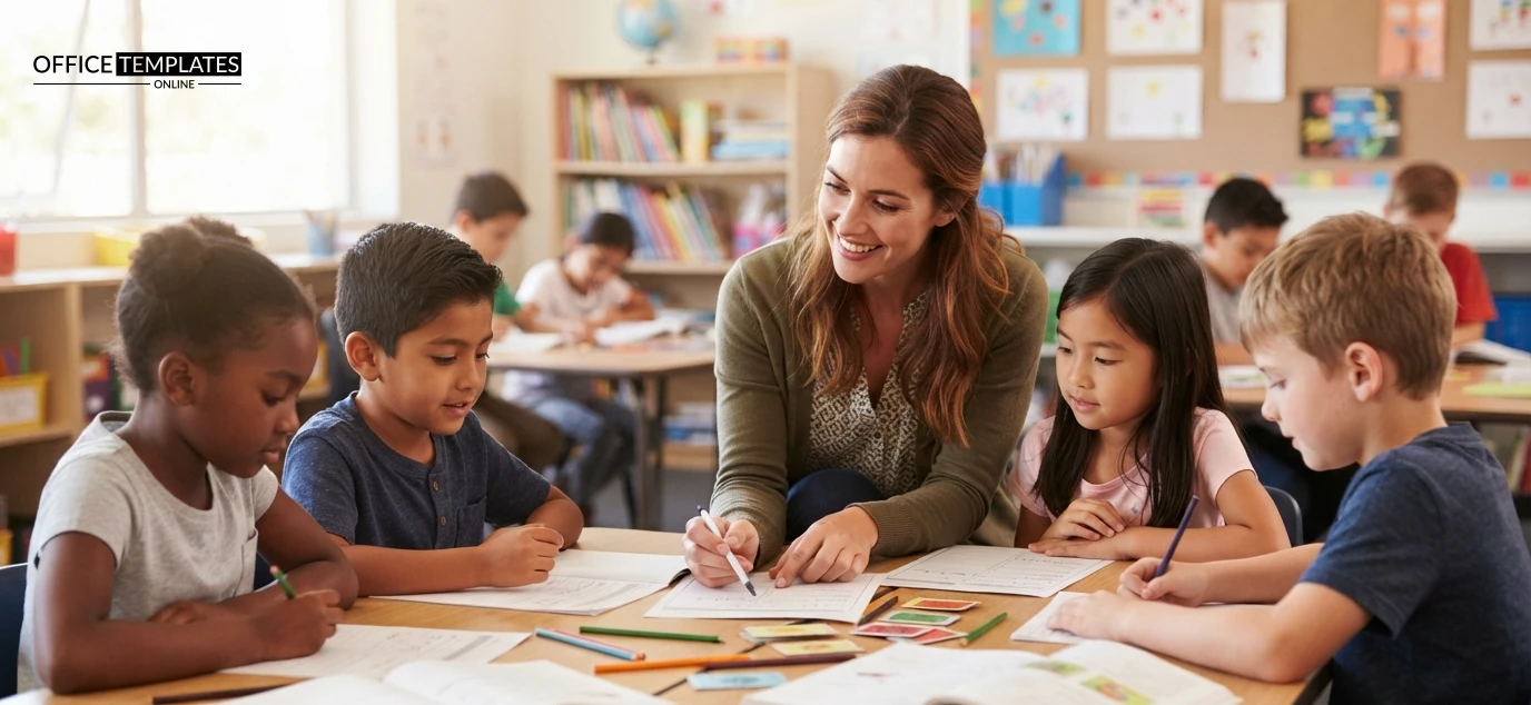 Teacher helping students with worksheets and classroom activities