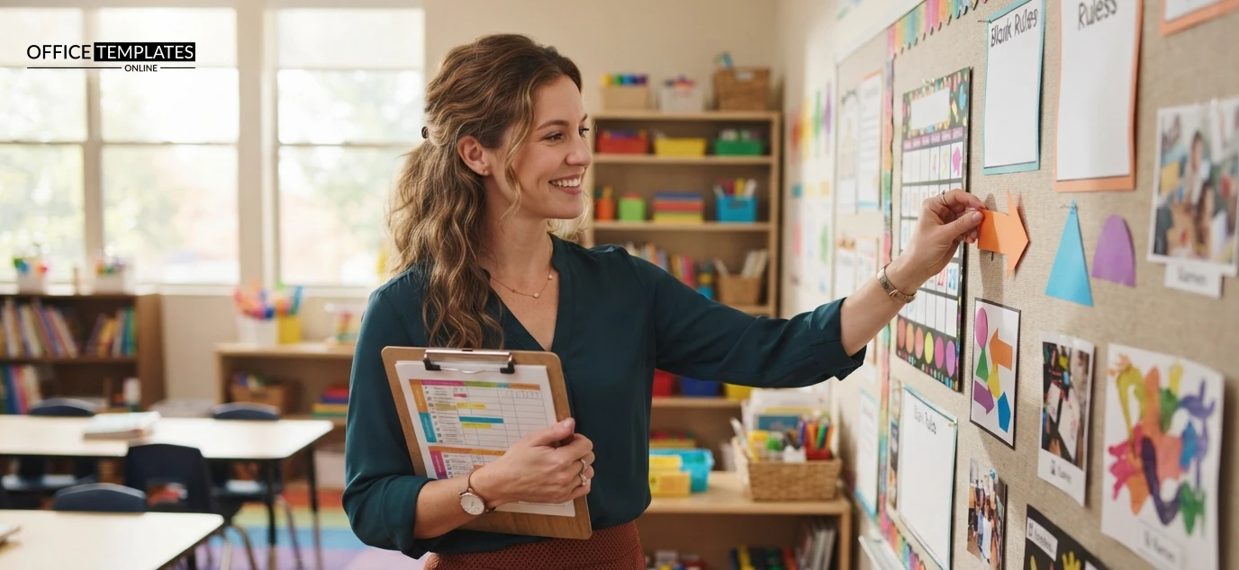 Teacher organizing classroom schedules, posters and learning resources