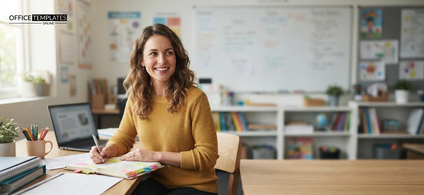 Female teacher planning lessons with editable classroom resources