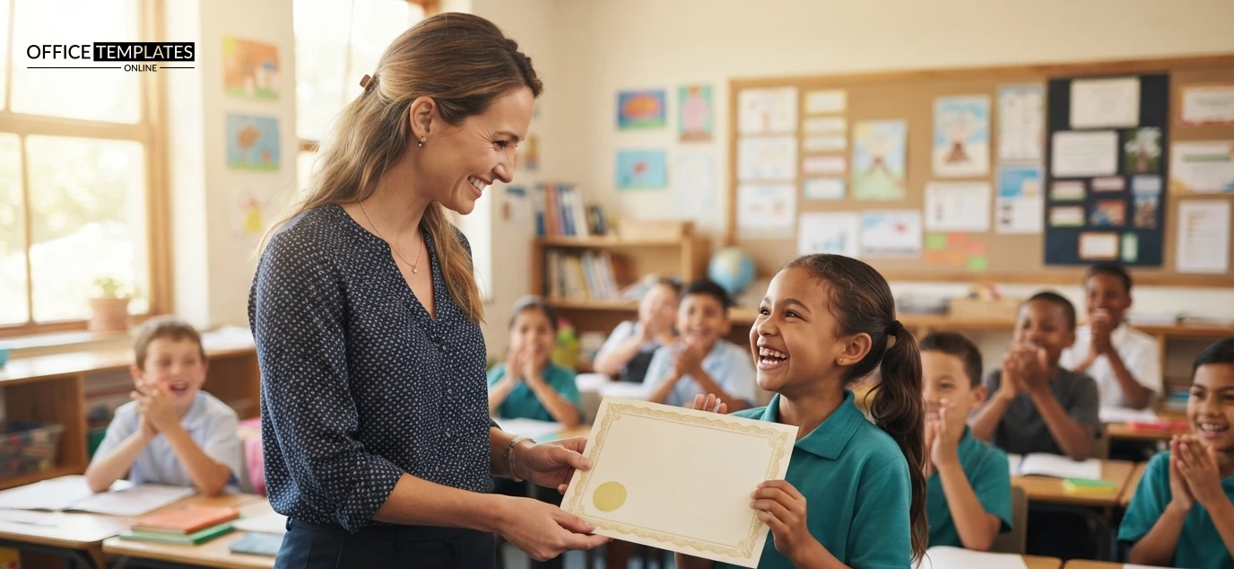 Teacher celebrating student achievement with a classroom certificate