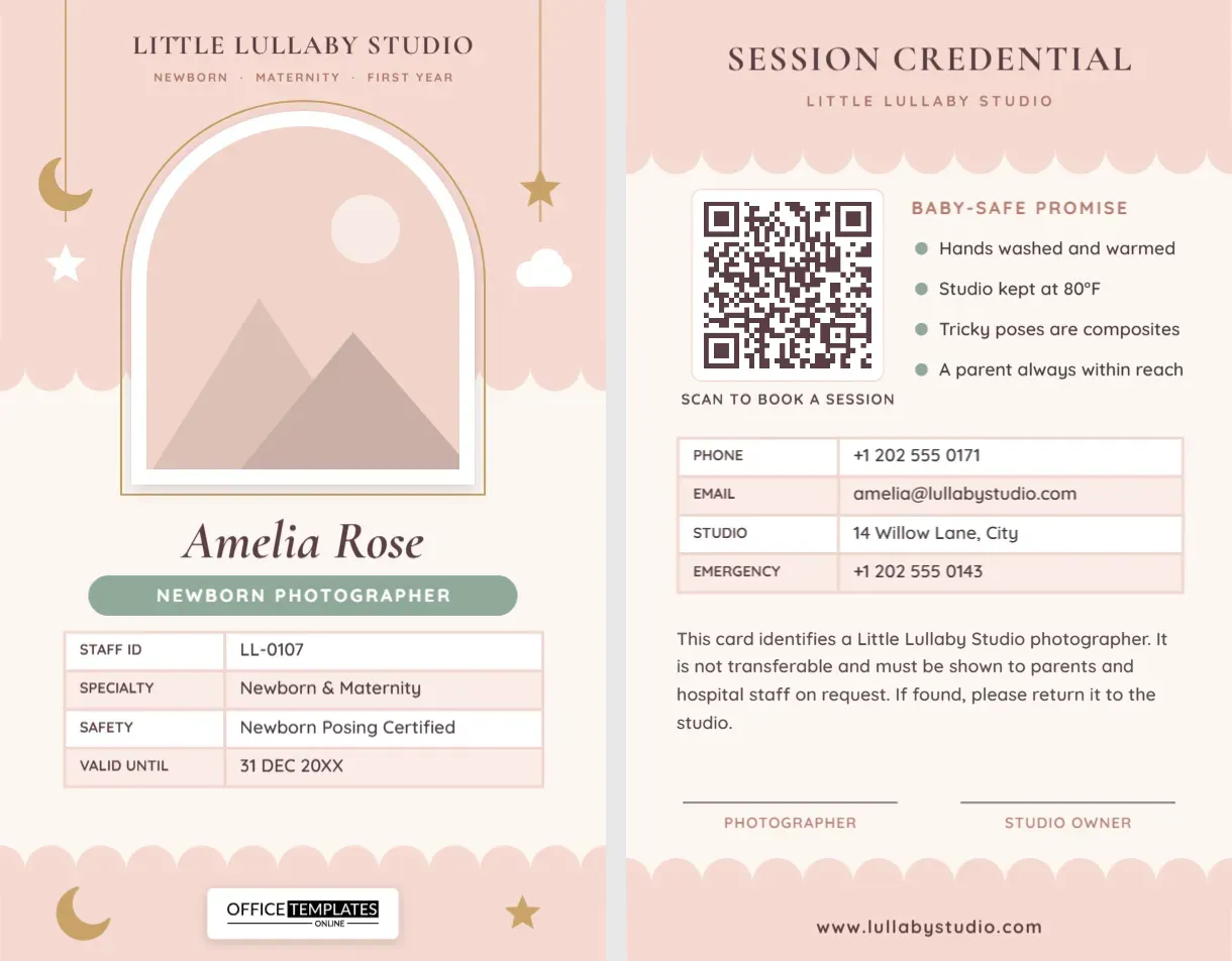 Newborn Photographer ID Card – Soft Blush Studio Badge With Baby Mobile