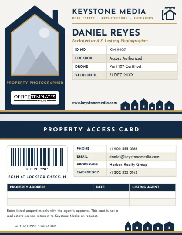 Real Estate Photographer ID Card – Horizontal Badge With House-Shaped Photo