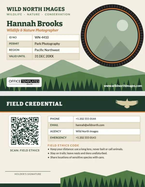 Wildlife Photographer ID Card – Telephoto Lens Frame and Pine Forest Design