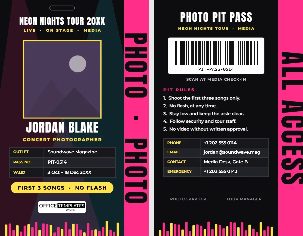 Concert Photographer Photo Pass – Neon Pit Pass With PHOTO Side Strip