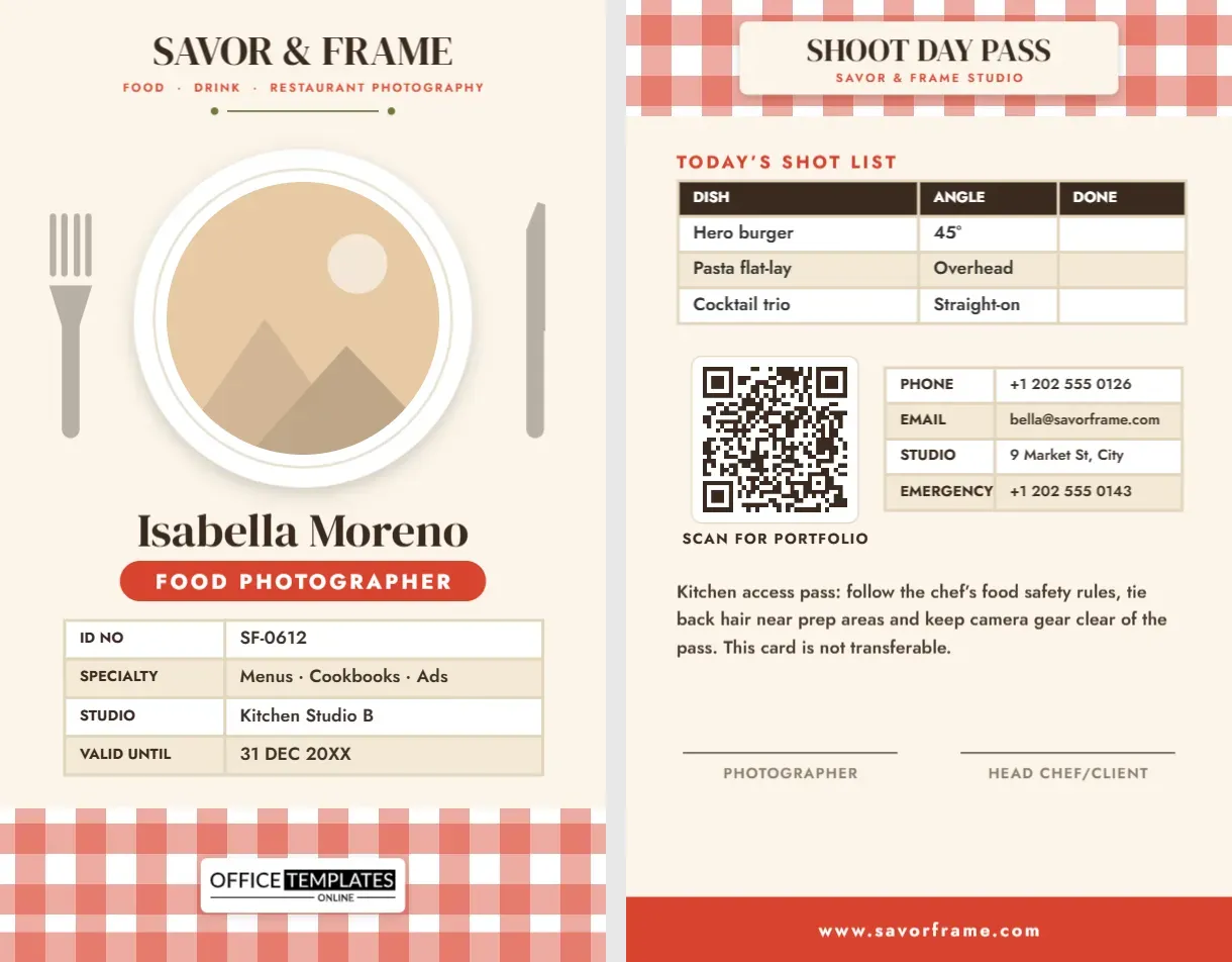 Food Photographer ID Card – Overhead Plate Design With Gingham Tablecloth