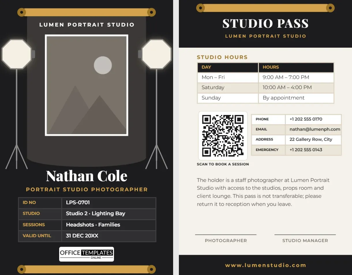 Portrait Studio Photographer ID Card – Backdrop and Softbox Design