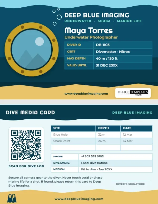 Underwater Photographer ID Card – Brass Porthole and Ocean Wave Design