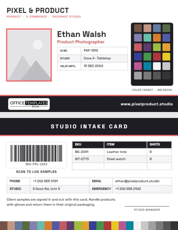 Product Photographer ID Card – Colour Target Design for E-commerce Studios