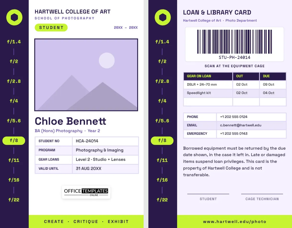 Photography Student ID Card – Aperture Sidebar With an f-Stop Scale