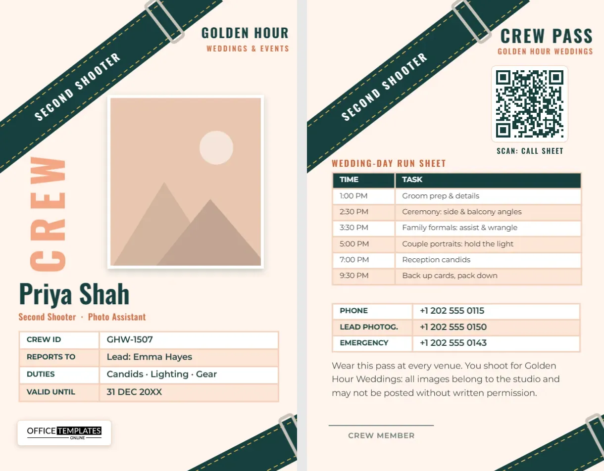 Second Shooter ID Card – Camera Strap Crew Badge for Photo Assistants