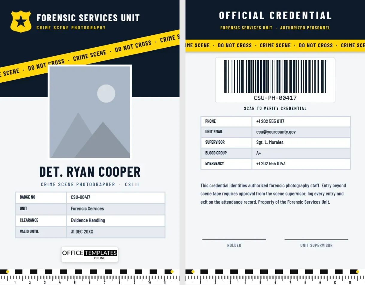 Forensic Photographer ID Card – Crime Scene Tape and Evidence Scale Design