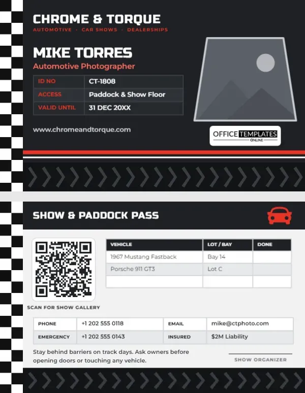 Automotive Photographer ID Card – Checkered Flag and Tyre Tread Design