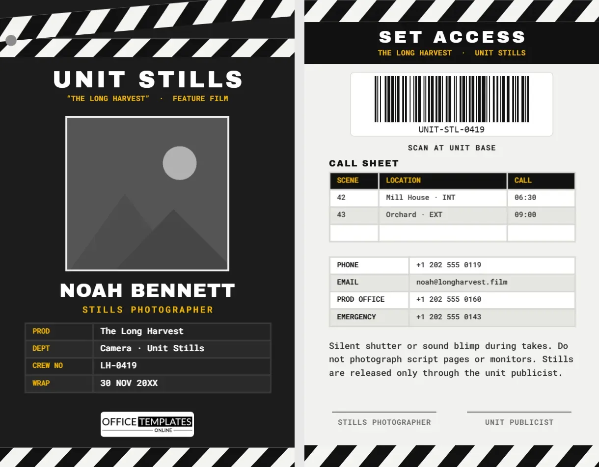 Film Set Stills Photographer ID Card – Clapperboard Crew Badge