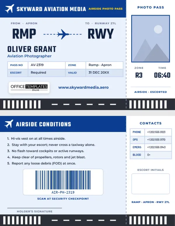 Aviation Photographer ID Card – Boarding Pass Airside Badge