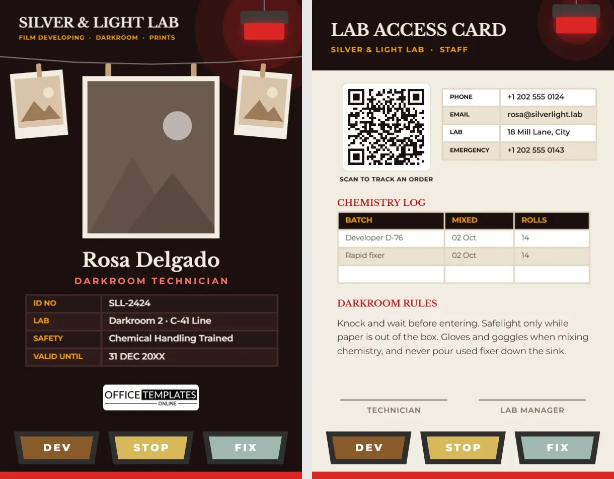 Darkroom Technician ID Card – Photo Lab Badge With Safelight and Trays