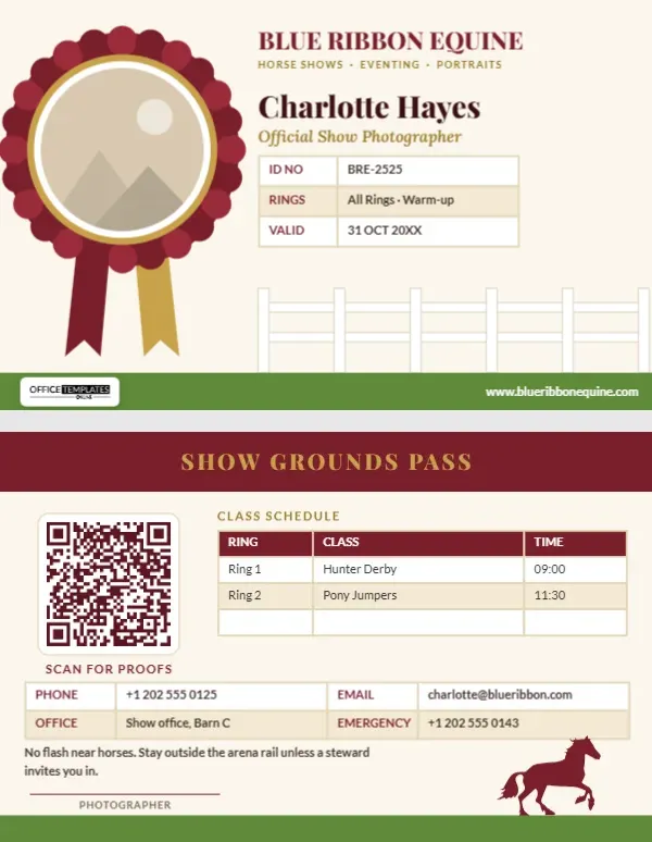 Equestrian Photographer ID Card – Prize Rosette and Paddock Fence Design