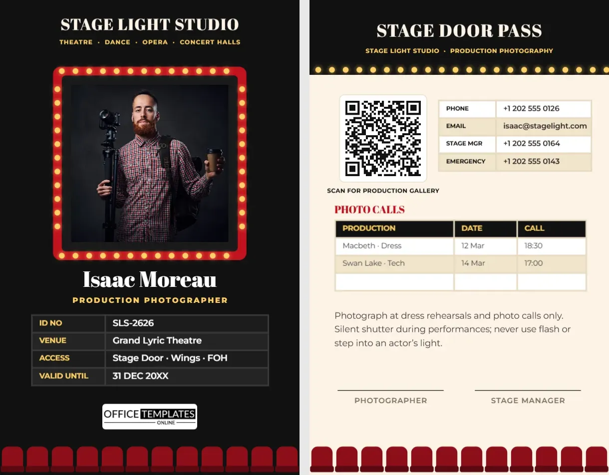 Theatre Photographer ID Card – Marquee Lights Stage Door Pass