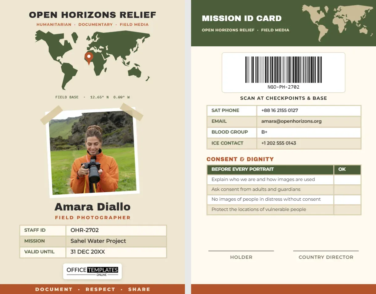 NGO Field Photographer ID Card – World Map Humanitarian Badge