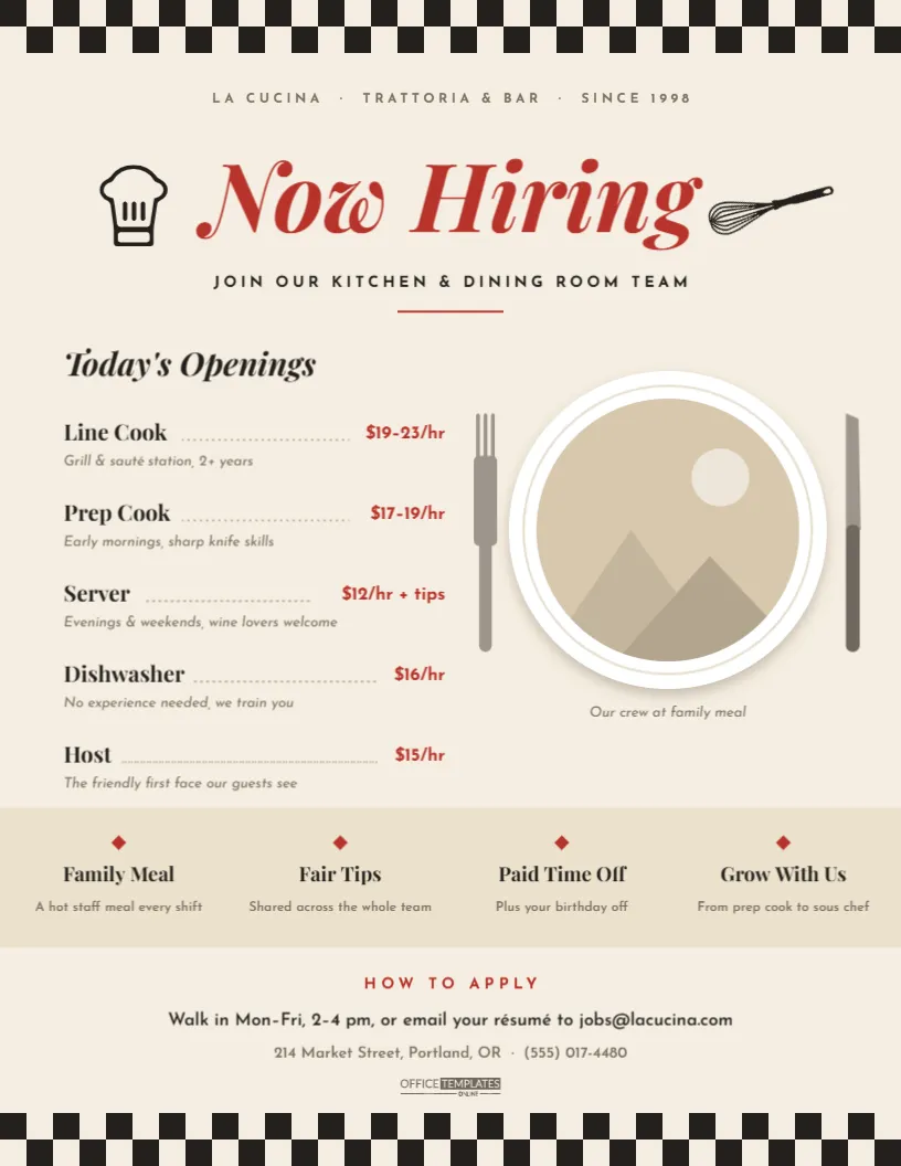 Restaurant Now Hiring Flyer – Kitchen & Server Jobs Menu Design