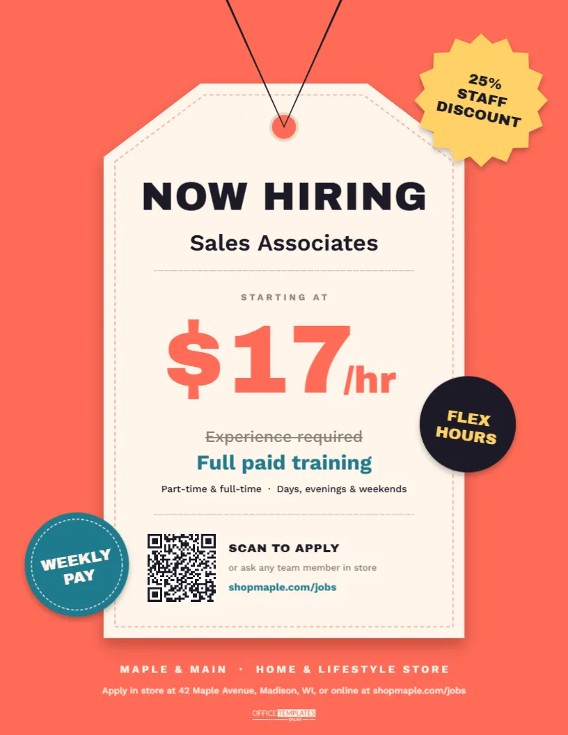 Retail Now Hiring Poster – Sales Associate Price Tag Design