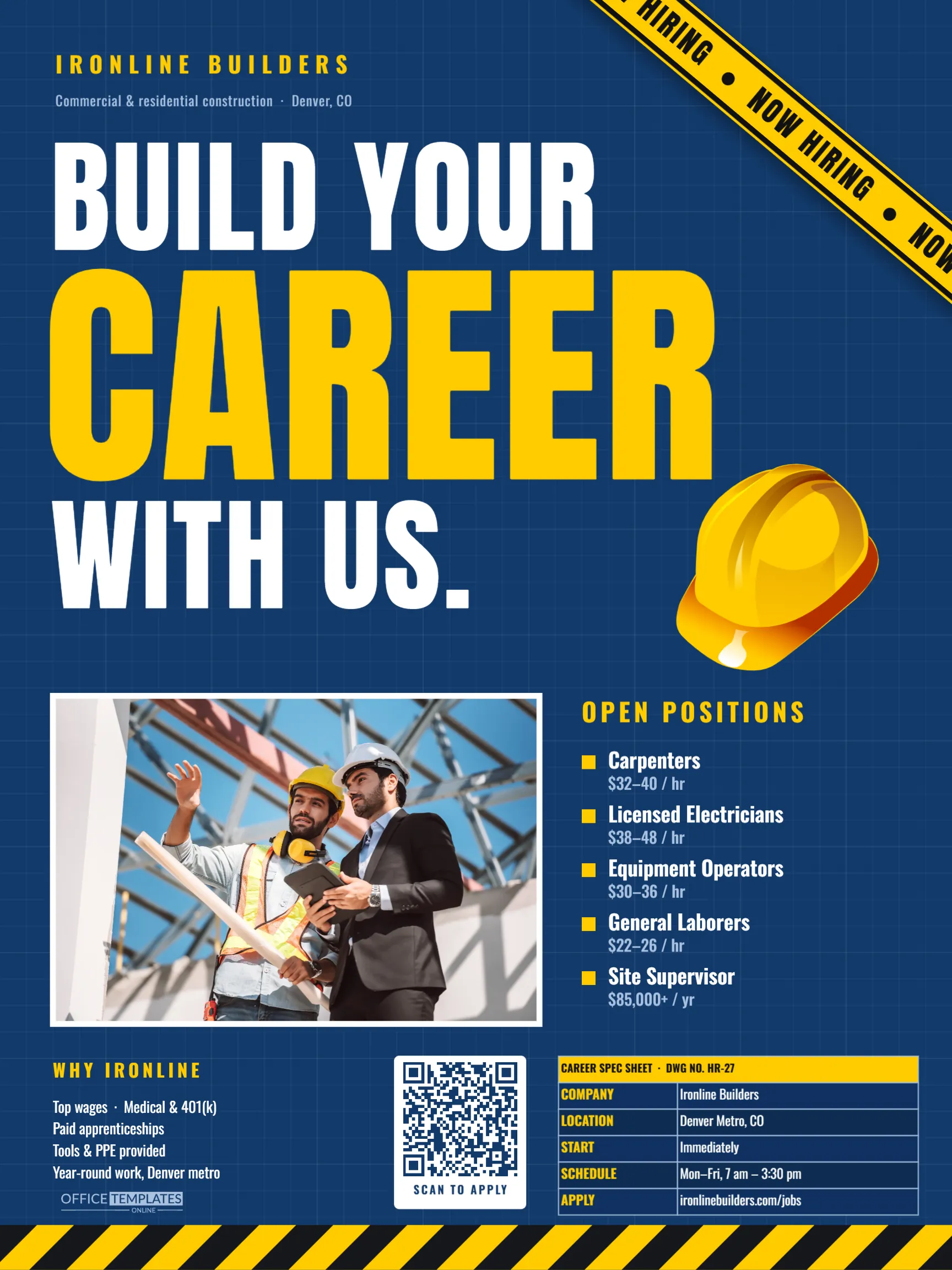 Construction Workers Hiring Poster – Blueprint Now Hiring Sign