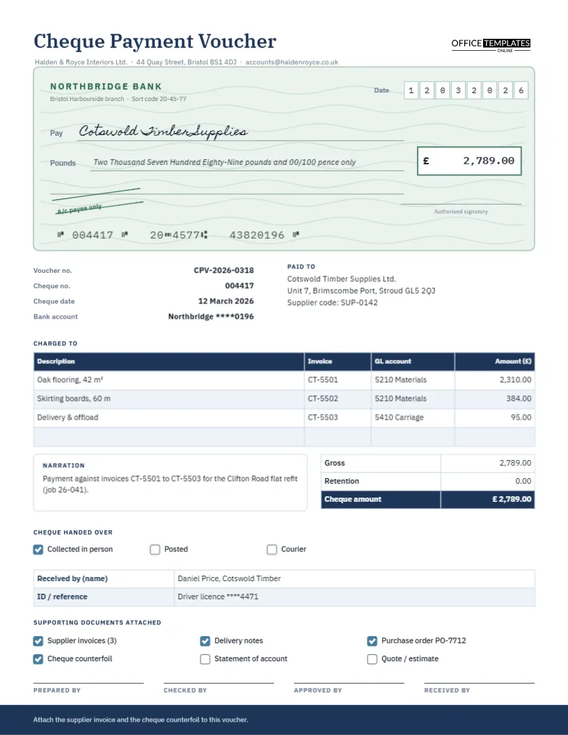 Cheque Payment Voucher Template With Cheque Replica and GL Allocation