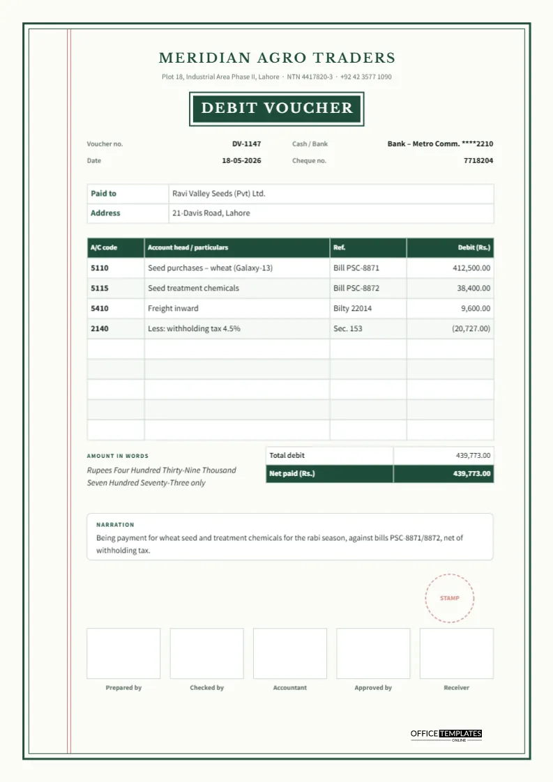 Debit Voucher Template – Classic Accounts Form With Account Heads