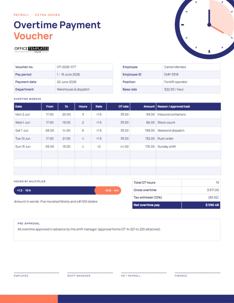 Overtime Payment Voucher Template With Clock Dial and OT Hours Table