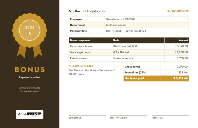 Employee Bonus Payment Voucher – Half-Page Award Design