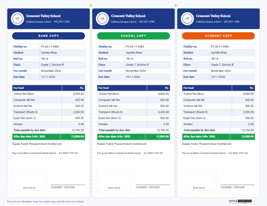 School Fee Payment Voucher (Fee Challan) – Bank, School and Student Copies