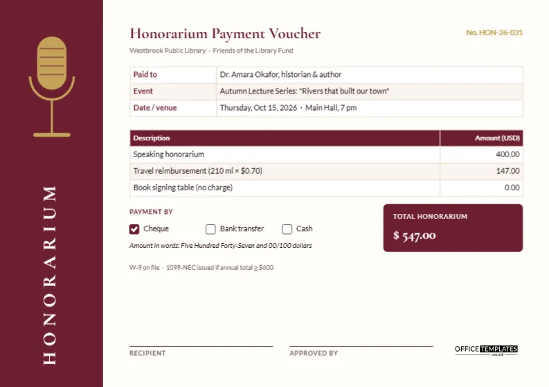 Honorarium Payment Voucher for Guest Speakers and Visiting Experts