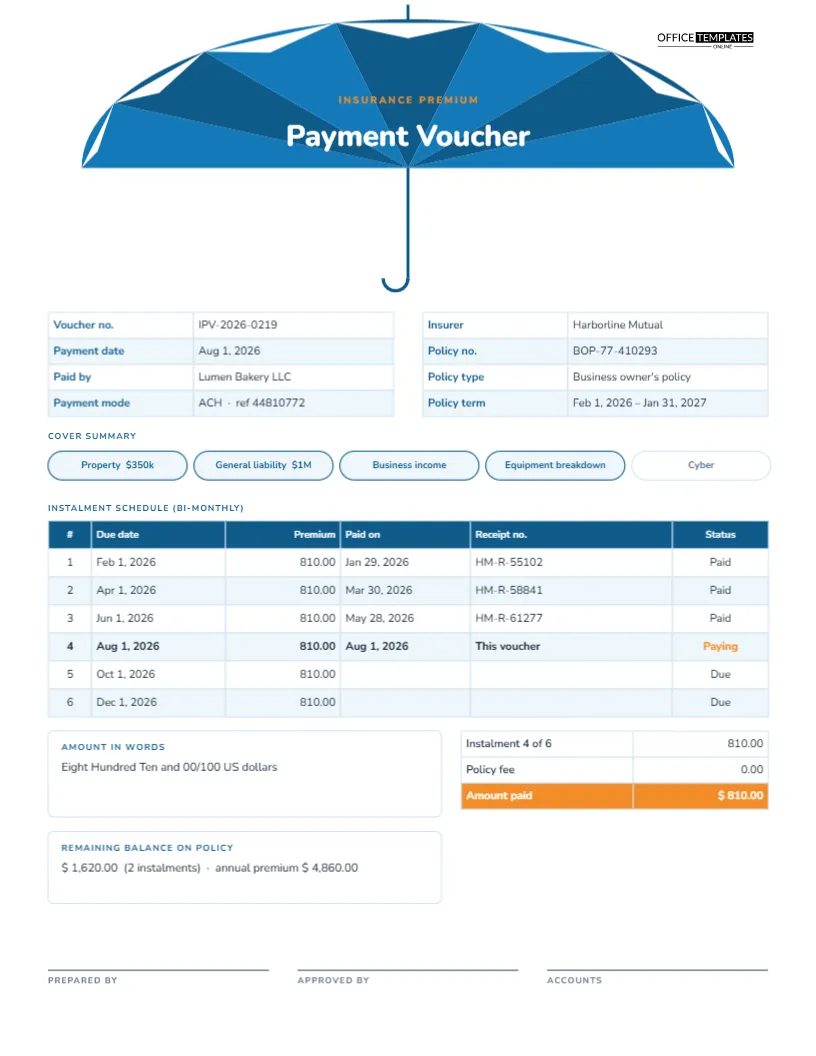 Insurance Premium Payment Voucher With Instalment Schedule