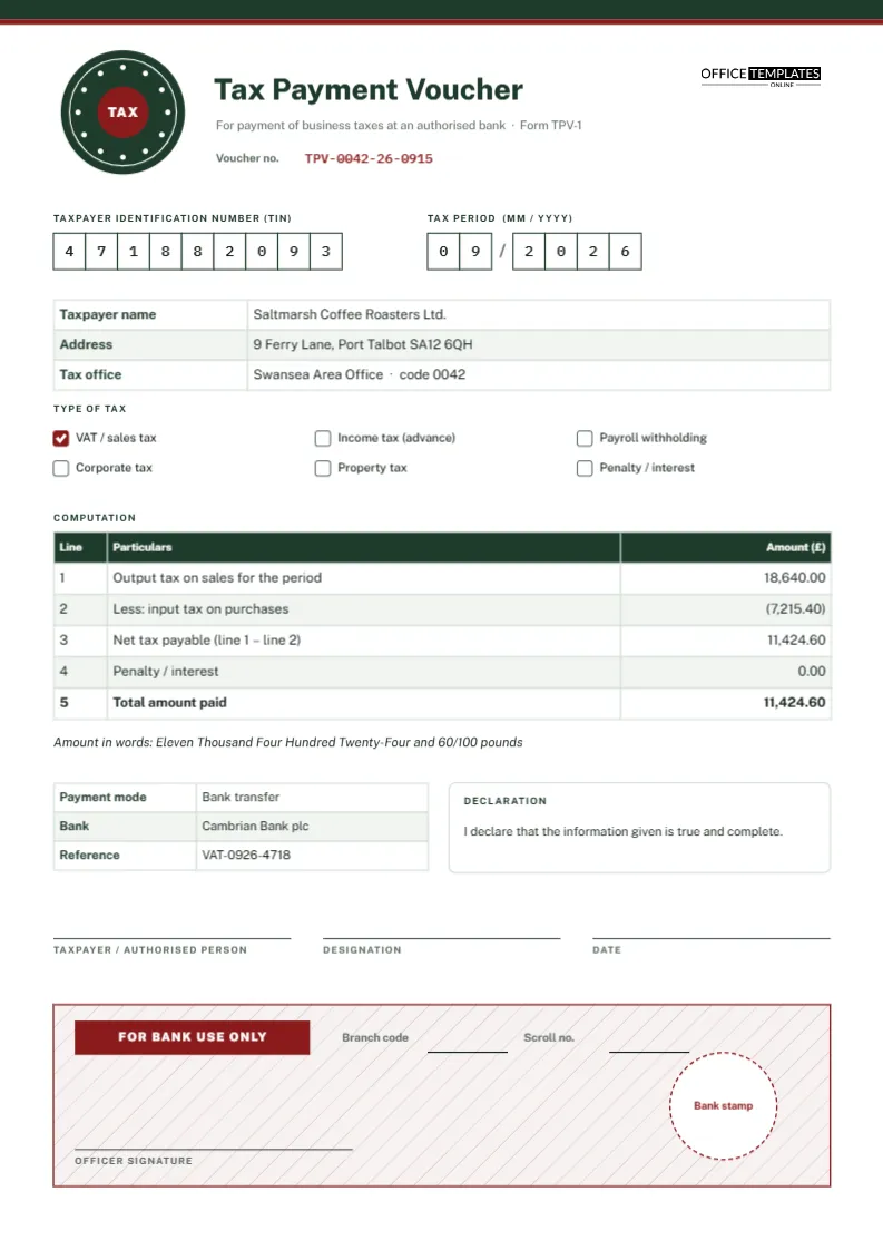 Tax Payment Voucher Template With Boxed TIN and Bank-Use Panel
