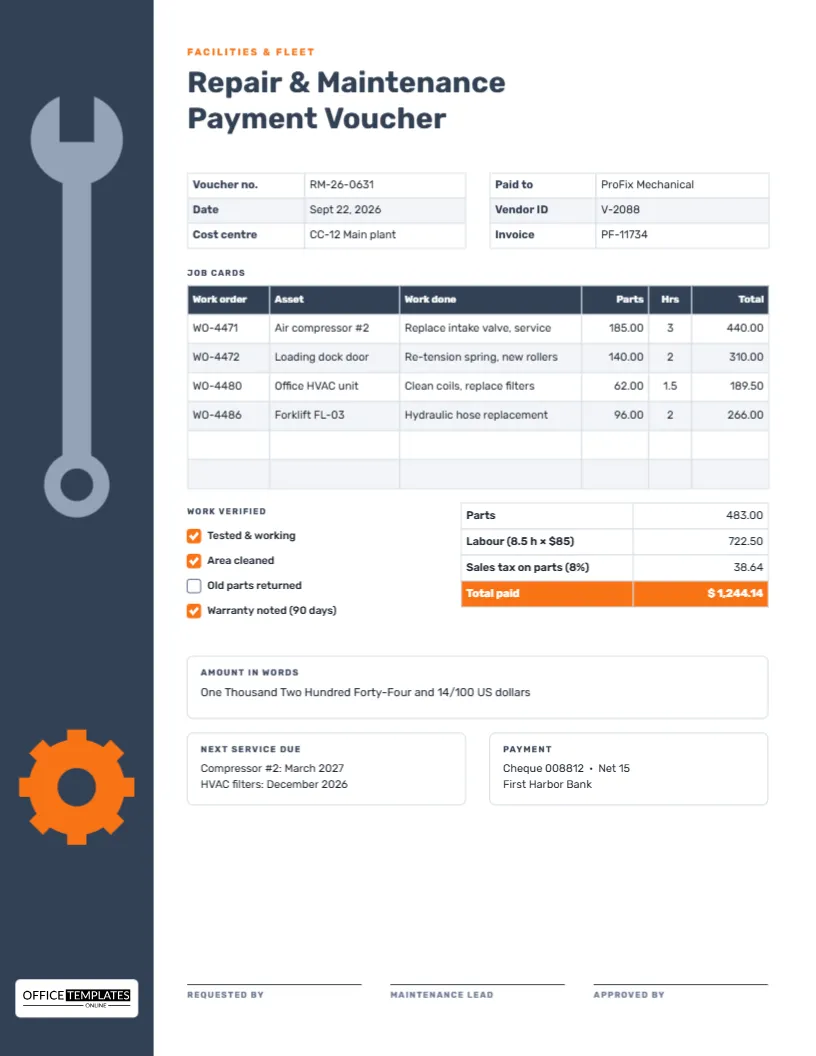 Repair and Maintenance Payment Voucher With Job Card Table