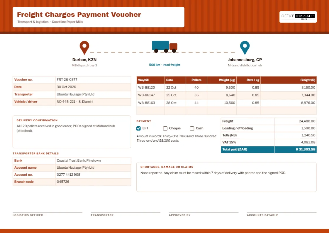 Freight Charges Payment Voucher With Shipping Route and Waybills