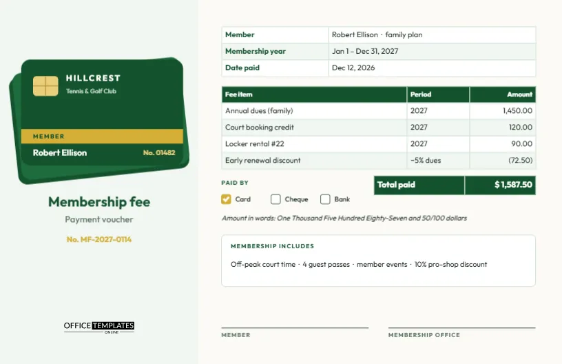 Membership Fee Payment Voucher With Club Card Design