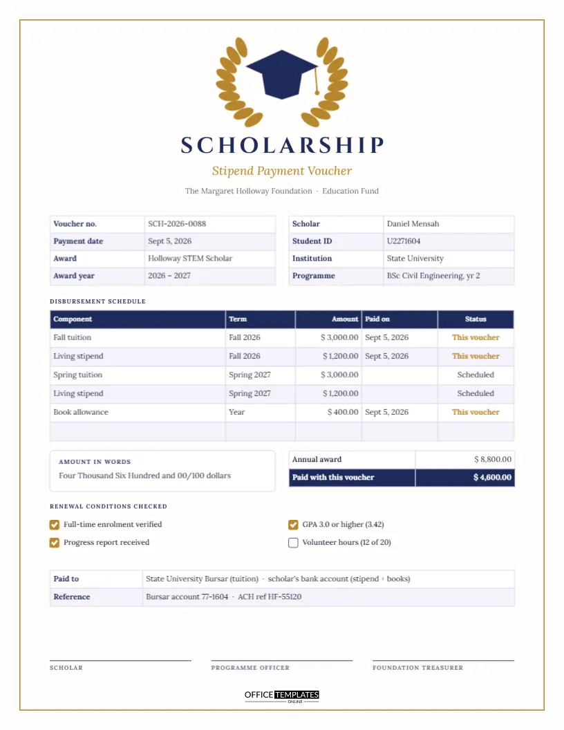 Scholarship and Stipend Payment Voucher With Disbursement Schedule