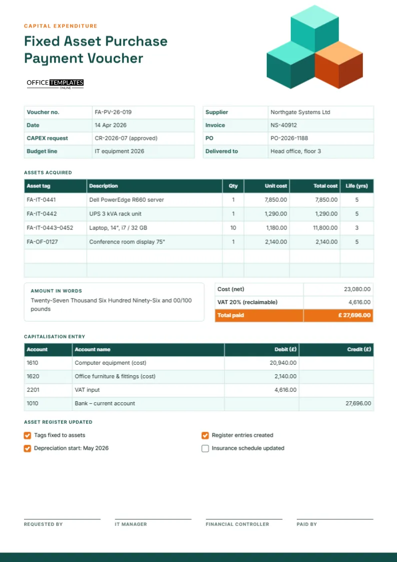 Fixed Asset Purchase Payment Voucher With Capitalisation Entry