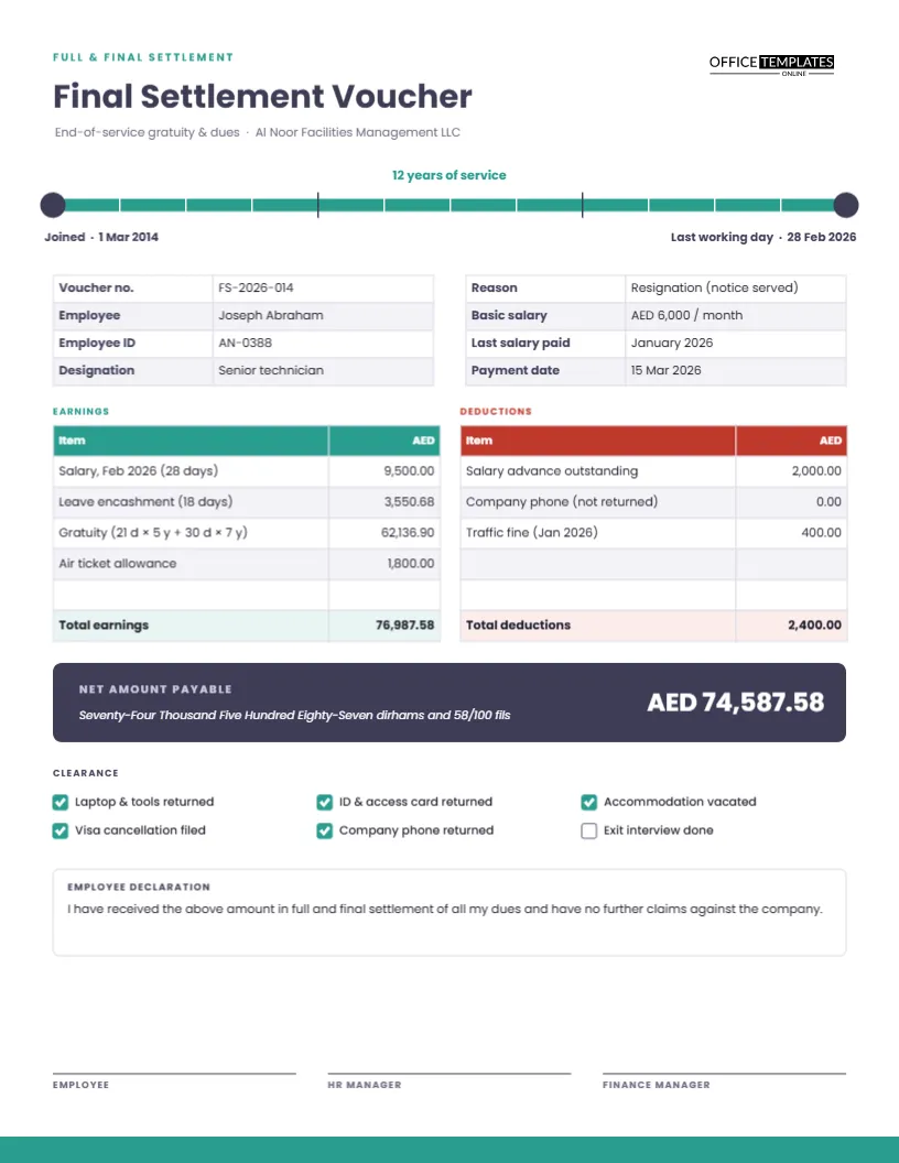 Final Settlement Voucher for End-of-Service Gratuity and Dues