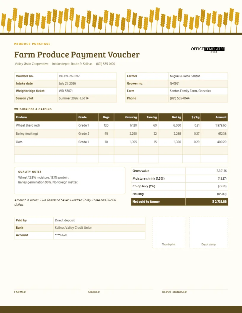 Farm Produce Purchase Voucher With Weighbridge and Grading Table