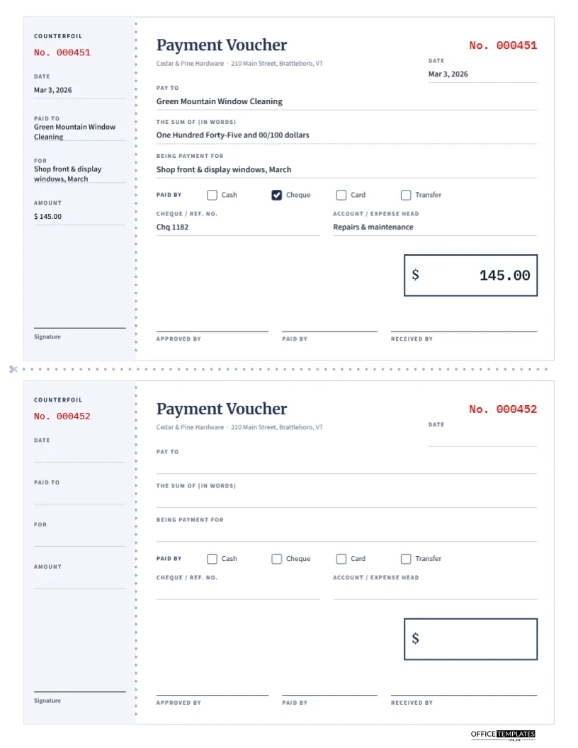 Payment Voucher Book Template With Counterfoils, Two per Page