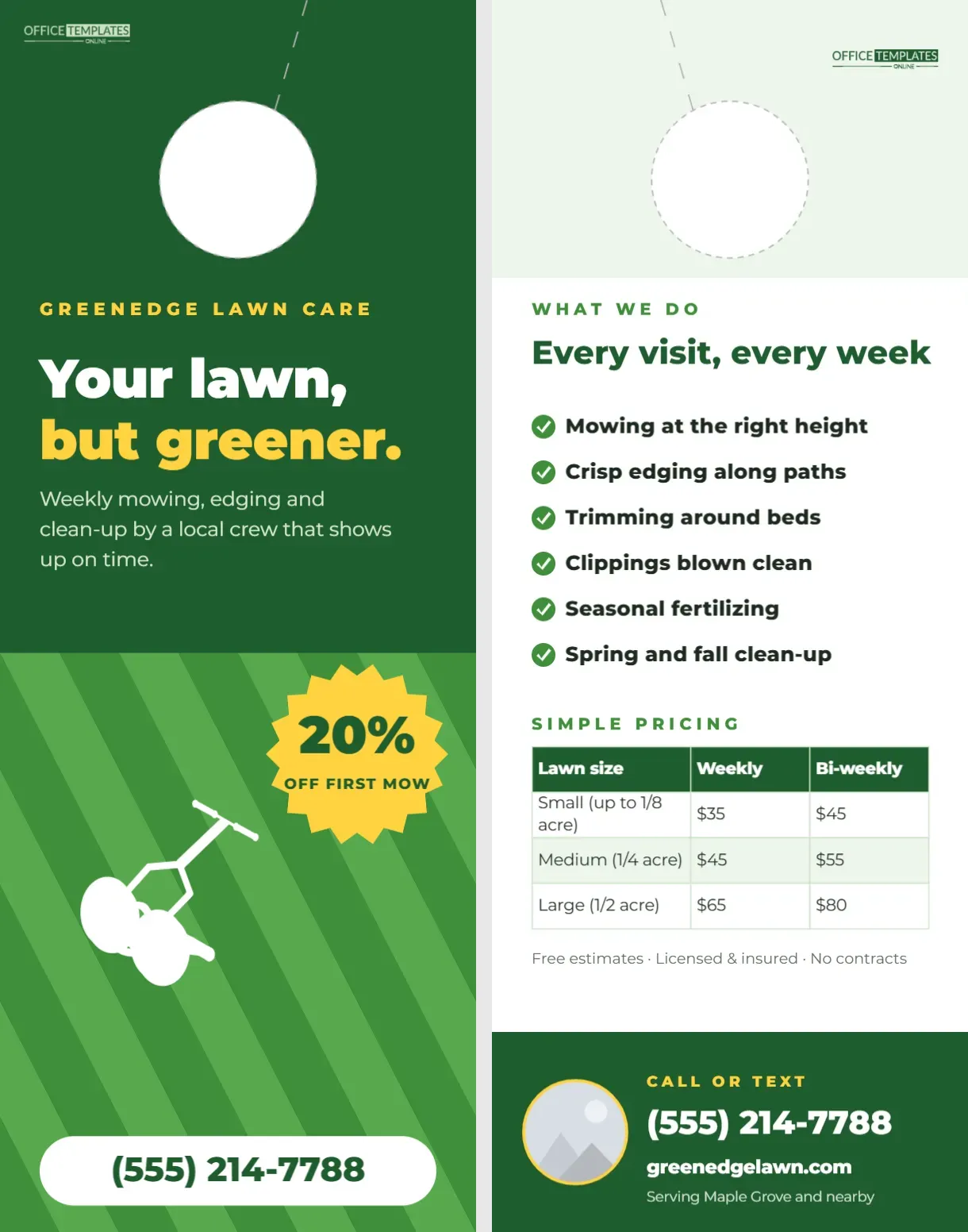Lawn Care Door Hanger Template with Mowing Stripes and Pricing Table