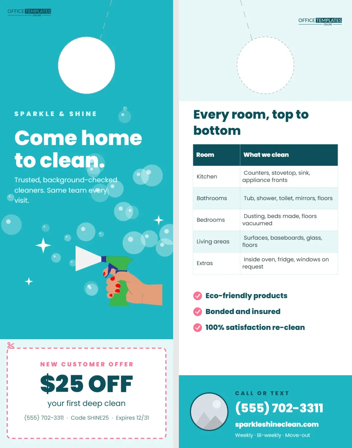 House Cleaning Door Hanger with Tear-Off Coupon and Room Checklist